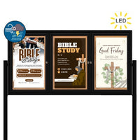 Freestanding 3 Door Enclosed Outdoor Bulletin Boards 96" x 30" with Lights + Posts