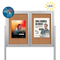 Freestanding 2 Door Enclosed Outdoor Bulletin Boards 96" x 48" with Lights + Posts