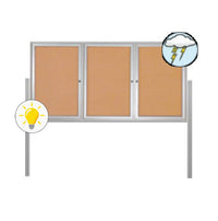 Free-Standing 3-Door Outdoor Bulletin Board 72x48 on Posts with LED Lighting + Metal Display Case