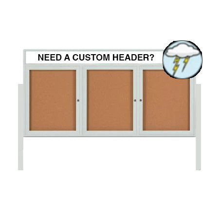 Outdoor Enclosed 84x30 Cork Bulletin Boards w Personalized HEADER (Radius Edge & Leg Posts) 3 DOORS