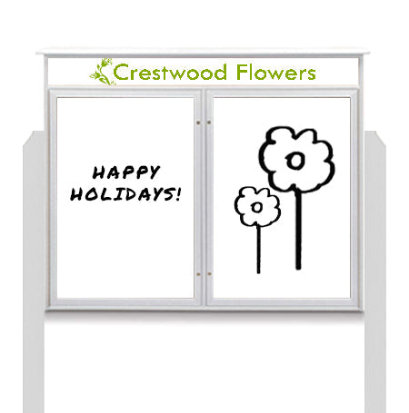45" x 30" Standing Outdoor Message Center - Double Door Magnetic White Dry Erase Board with Header